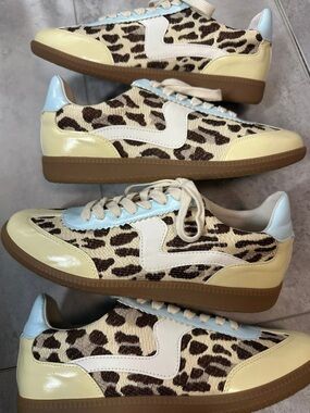 Leopard Print Sneakers with Pale Yellow & Light Blue Vegan Leather Accent